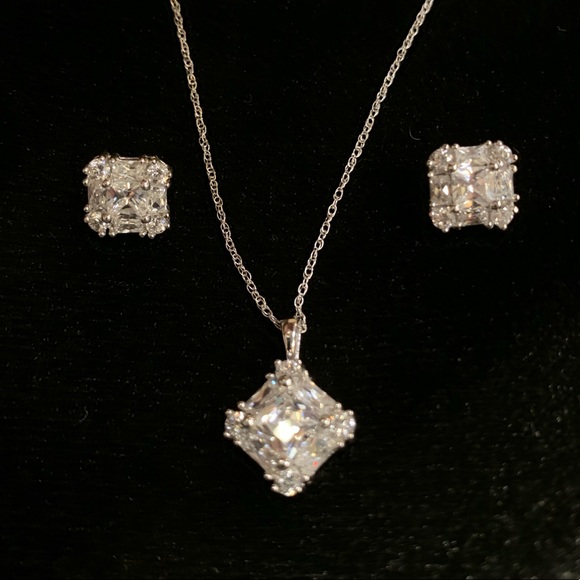 10k White Gold Princess CZ Pendant & Earring Set,All Products : American Fashion Style Bags On Sale